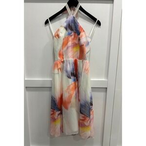 White House Black Market Woman's Floral Halter Neck Dress – Watercolor Print